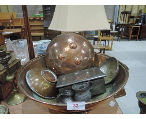 A selection od planished copper bowls and a post horn