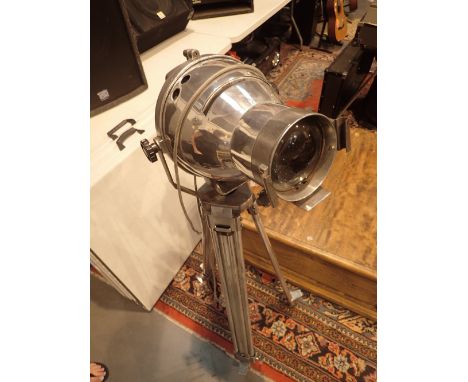 A chrome retro directors tripod light on stand H: 120 cm    CONDITION REPORT:  The electrical items included in this lot have
