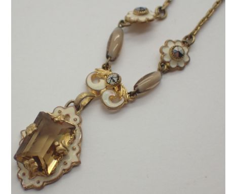 Vintage yellow metal stone set pendant with integrated chain