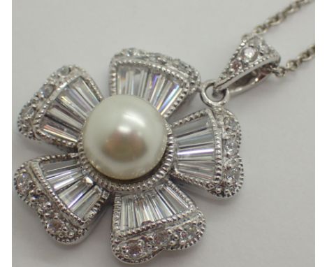 Silver synthetic pearl and CZ fancy pendant on silver chain both stamped 925 ESPO