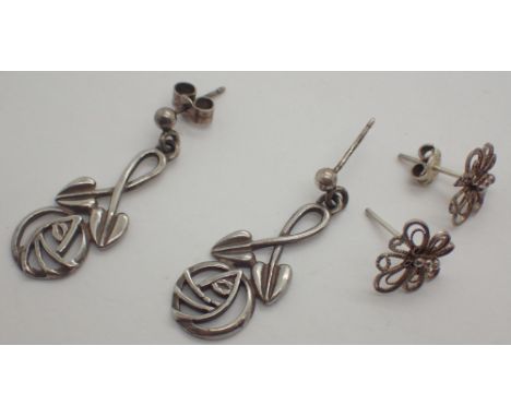 Silver Celtic drop earrings by Carrick Jewellers stamped 925 and silver butterfly studs