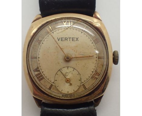 Vintage 9ct gold Vertex gents mechanical wristwatch on leather strap 