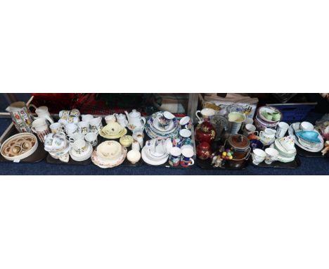 Aviemore pottery dish and jugs, a pottery jug printed with floral cigarette cards, Rorstrand Pomona tea wares, Millennium fin