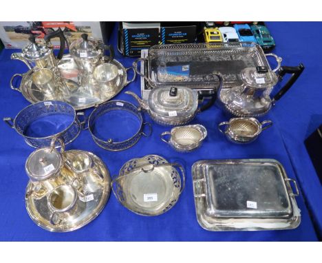 An EPNS four piece tea service and tray, another tea service, entree dishes, trays, hotelware Condition Report:Available upon