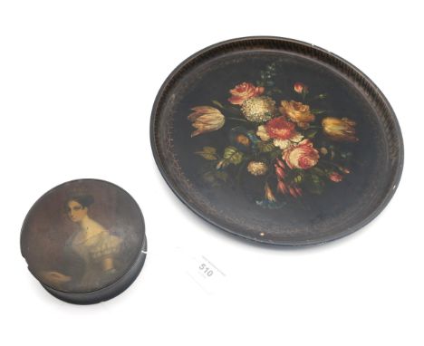 A papier-mâché cylindrical box, the lid decorated with a portrait of the young Queen Victoria, measuring approx. 12.5cm in di