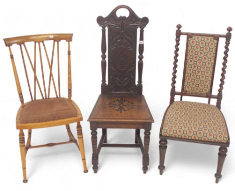 A lot comprising a late 19th century Arts &amp; Crafts style rail back chair, Victorian tapestry upholstered chair and a Vict