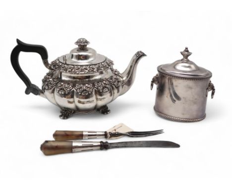 An 18th century agate handled knife and fork set, an Old Sheffield plate teapot, an EPNS tea caddy (3) Condition Report:Avail