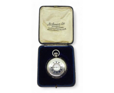 A silver half-hunter pocket watch, marked&nbsp;J W Benson Ltd of London 1921, engraved 'AM' at the back, with original fitted