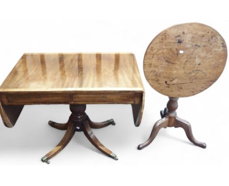 A lot comprising a 19th century circular tilt topped occasional table on turned column upright with tripod base, 73cm high x 