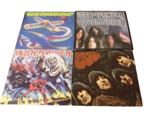 VINYL RECORDS a mixed box of mostly rock and pop vinyl LP records, to include such artists as Deep Purple, Iron Maiden,, Eagl