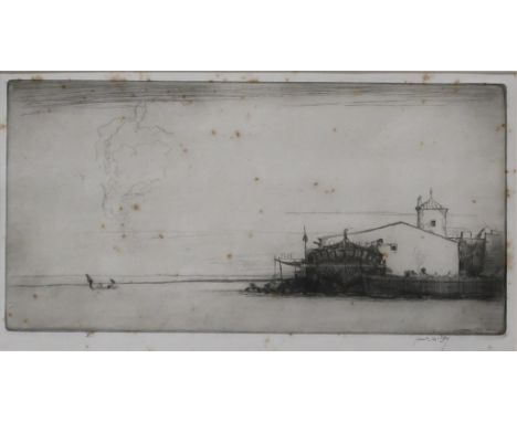 JAMES MCBAY (SCOTTISH 1883-1959) &nbsp;FISHERMAN'S VILLAGE &nbsp;Etching, signed lower right, 12 x 24cm &nbsp; Condition Repo