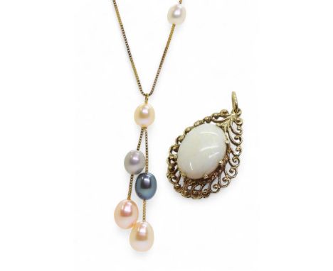 A 9ct gold pendant, set with an approx 14mm x 10mm white opal, weight 3.1gms together with a 18ct gold 40cm box chain strung 