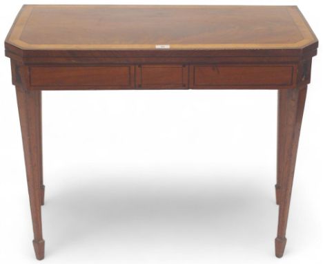 A late 19th century mahogany and satinwood inlaid fold over card table on square tapering supports, 72cm high x 90cm wide x 4