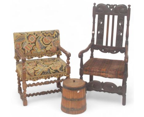 A lot comprising 18th/19th century ash framed armchair with carved back splat over upholstered seat flanked by scrolled arms 