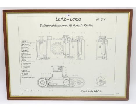 Three framed Ernst Leitz Leica M3 camera diagrams, printed 1980, behind non-reflective glass, each measuring approx. 67cm x 4