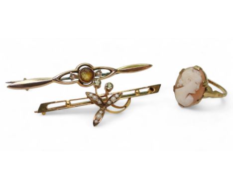 A 9ct gold pearl and peridot brooch , a 9ct pearl and citrine brooch and a 9ct gold cameo ring, weight all together 6gms Cond