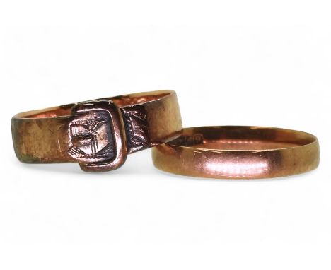 A 9ct gold 1897 Glasgow hallmarked wedding ring, size P1/2, and a 9ct rose gold buckle ring, size P1/2, hallmarked Chester 18