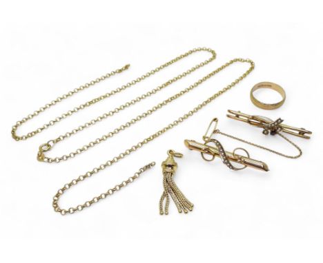 Two 9ct gold brooches, a 9ct wedding ring, 9ct tassel pendant and a (af) 9ct belcher chain weight all together 17.2gms Condit