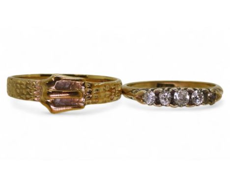 An 18ct gold five stone diamond ring (one missing) finger size M, and a 9ct gold buckle ring, size T, weight 5.2gms Condition