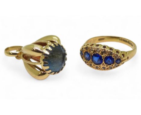 An 18ct gold gem set pendant, together with a blue gem and diamond accent ring, with Birmingham hallmarks for 1916, size O1/2