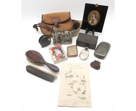 A mixed lot, to include a small canvas fishing bag containing a William Robertson "Ascog" reel, cased flies etc.; a portrait 