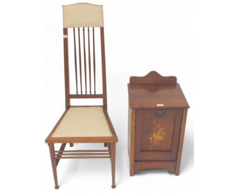 A lot comprising an early 20th century mahogany Arts &amp; Crafts side chair with turned rail back with upholstered headrest 