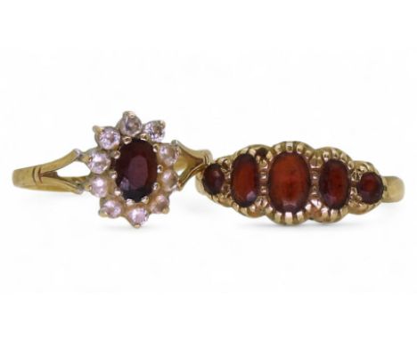 A 9ct gold five stone garnet ring, size O1/2, and 9ct red and clear gem set cluster (af) size Q1/2, weight 3.7gms Condition R