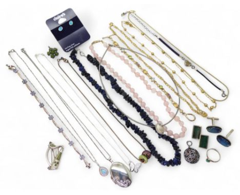 A silver Irish harp brooch, together with a collection of silver and white metal jewellery, including malachite clip-on earri