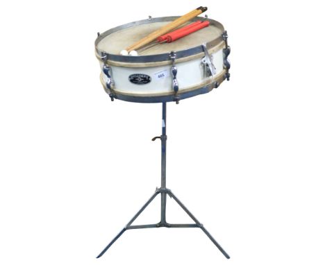 A Broadway Snare Drum by John Grey &amp; Sons, London, with a stand, two Broadway drumsticks and two Autocrat drum brushes Co