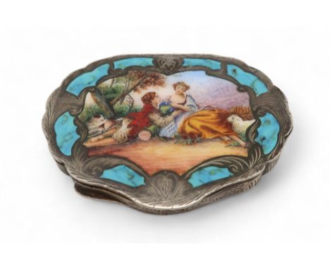 An Italian silver and enamel powder compact, of shaped form, decorated with a courting scene, surrounded by a blue border, wi