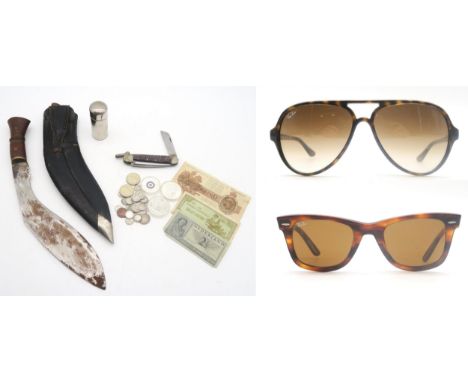 Two pairs of vintage sunglasses marked "Ray-Ban", with cases; Nepalese kukri; an American Camillus jack knife; 2001 and 2006 