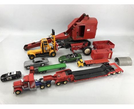 Tri-ang tin plate crane and a selection of die cast vehicles to include tractor, truck, cars forklift etc. Makers to include 