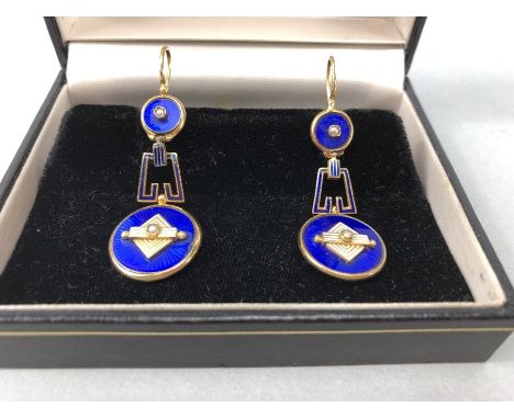 Pair of Art Deco 18ct Gold three section drop earring with delicate white and blue starburst enamel with seed pearl