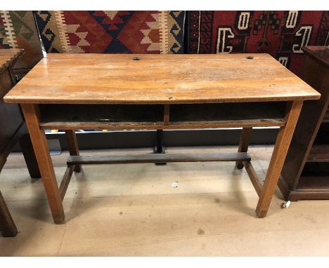 Vintage pine double school desk with compartments under, approx 122cm x 56cm x 76cm tall