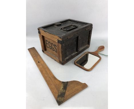 Collection of three vintage wooden items to include egg box, tailor's rule and square and a mirror