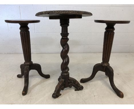 Pair of side tables with fluted legs on tripod feet and a carved wood, barley twist occasional table