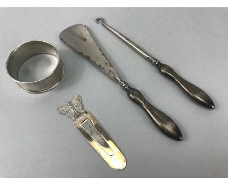 Collection of silver hallmarked items to include bookmark, napkin ring etc 