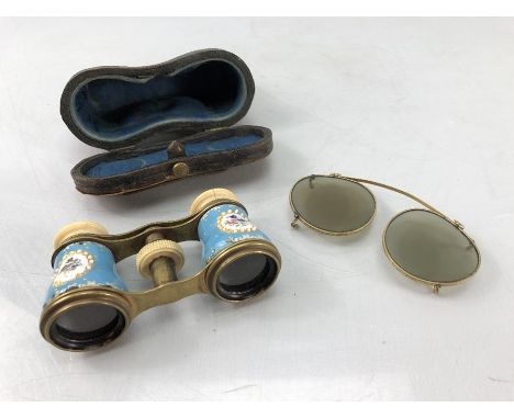 Pair of enamel and brass Opera glasses in original leather case and a pair of gold coloured vintage spectacle shades