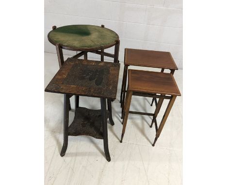 'Revertable' folding oak card table, the green baize top separate to the base, along with a nest of two inlaid tables and a c