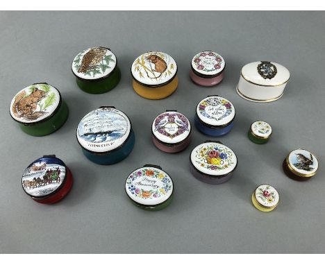 Collection of thirteen Crummles enamel pill boxes, including a limited edition no.399 'Flying Cloud' box, along with a single