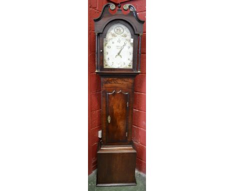 A Regency flame mahogany long case clock, arched painted 33cm dial, Arabic chapter, date aperture, lion to arch, floral spand