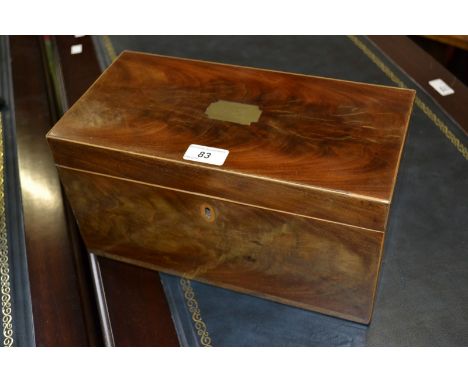 A late George III rectangular tea caddy, hinged lid, fitted interior, associated mixing bowl,  inset brass plaque, c.1820