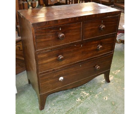 A Victorian mahogany veneered chest, caddy top, two short drawers over two graduated long, button handles, shaped skirt, spla