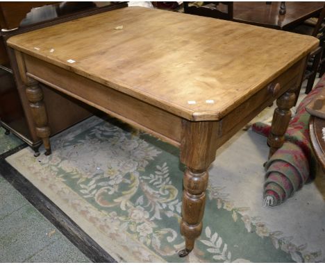 A Victorian pine country kitchen table, canted rectangular top, single drawer to frieze, turned legs,ceramic casters. 82cm hi