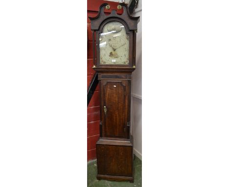 An oak cased grandfather clock with mahogany crossbanding, by Holliwell's of Derby, 30 hour movement, painted face, Arabic nu