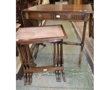 A reproduction mahogany nest of three table, leather inlaid top, lyre shaped supports; a reproduction sofa table (2)