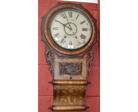 A 19th century walnut and inlaid drop dial wall clock, the 30.5cm dial with Roman numerals, inscribed J Huldron, Ashby De La 