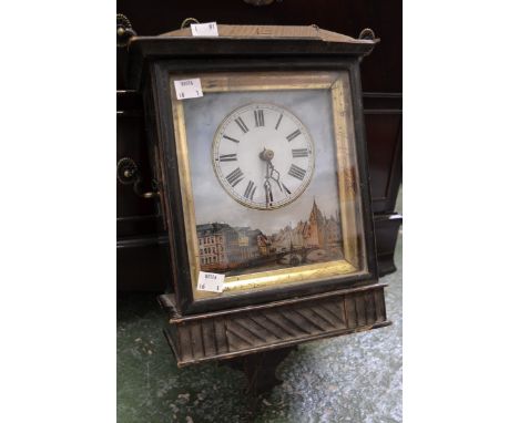 A Victorian ebonised wall clock with painted harbour scene, Roman numerals