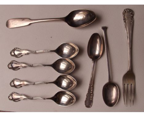 Various silver hallmarked spoons together with a silver fork, 8 in total