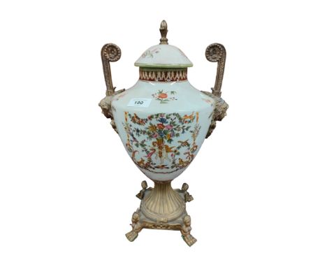 LARGE CERAMIC &amp; BRASS URN WITH CLAW FEET